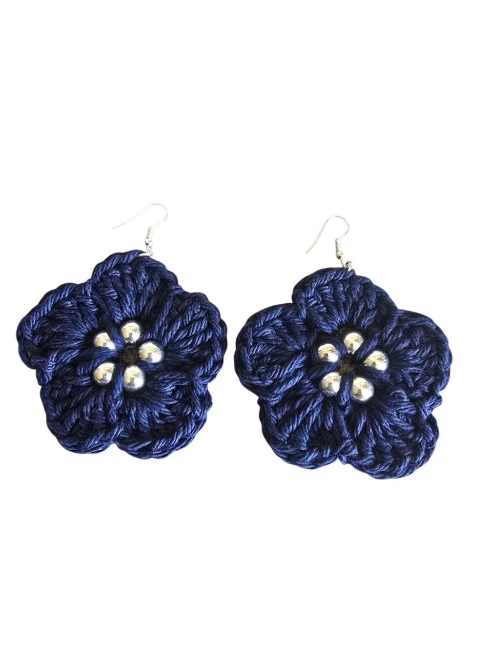 Handmade Navy Blue Silver Bead Center Flower Earrings Floral Boho Gift for Her